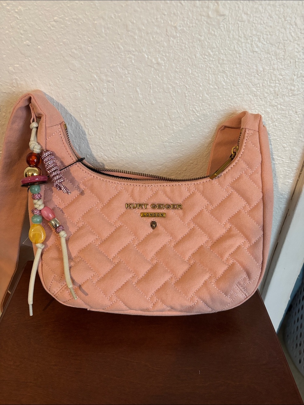 Kurt Geiger Quilted Pink Shoulder Bag with Beaded Tassel